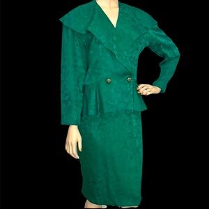 80s Liz Roberts Green Floral Silk Skirt Set